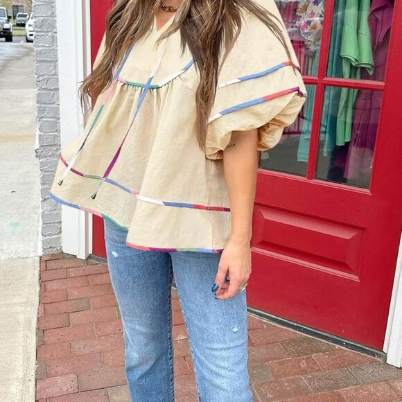 Womens Summer Babydoll Tops V Neck Short Lantern Sleeve Shirts Cute Loose Fit Pe - Picture 5 of 6